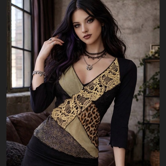 Ann Ferriday Tops - Ann Ferriday Y2K Lace Black Leopard Patchwork Top Whimsigoth Fairygoth Witchy